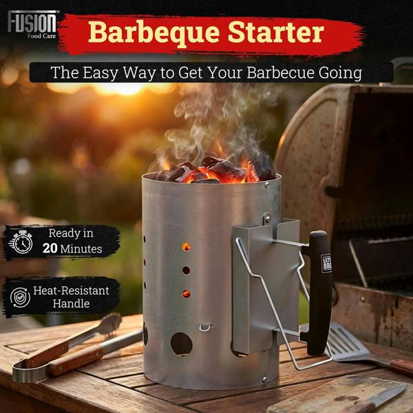 Fusion Food BBQ Coal Starter 19x27cm, Heavy-Duty Steel Charcoal Chimney Starter, Heat-Insulated Handle, Fast 20-Minute Ignition