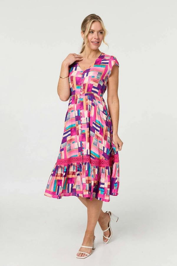 Pink | Geo Print Cap Sleeve Shirred Midi Dress