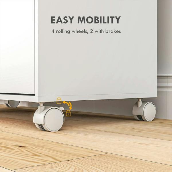 White cabinet on rolling wheels with two wheel brakes for easy mobility
