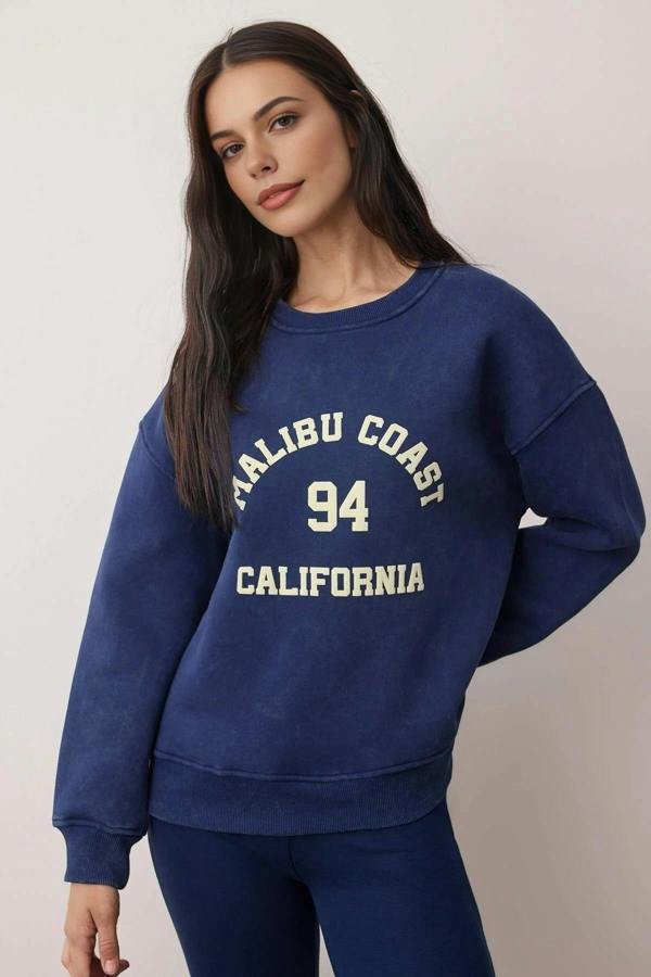 WOVCOR Oversize Printed Washed Thick Fleece-Lined Knit Sweatshirt