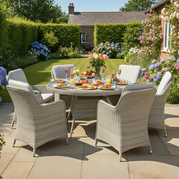 hampton rattan 6 seat dining set in dove grey with light grey cushions