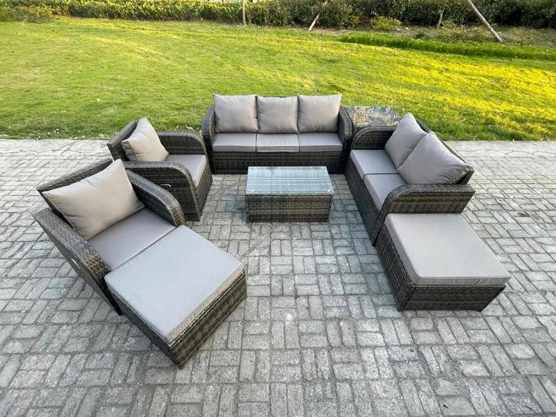 Fimous 9 Seater Garden Sofa Set, Wicker Rattan, Coffee Table, Reclining Chair, Loveseat, 2 Side Tables and 2 Big Footstools, Dark Grey Mixed