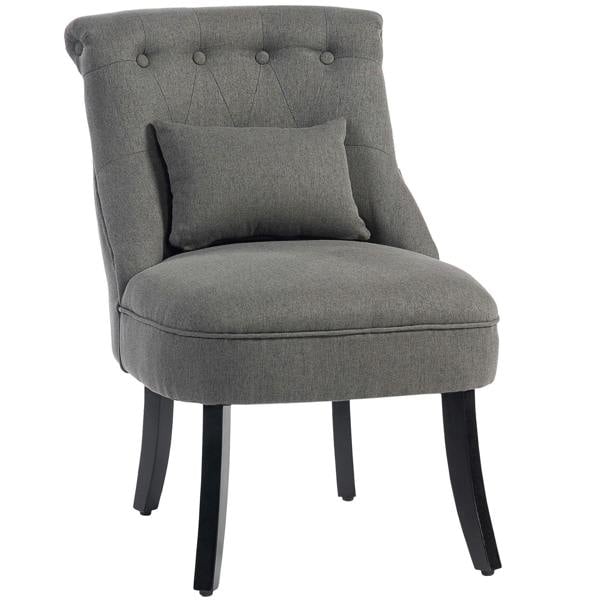Charcoal grey upholstered dining chair with attached seat cushion, pillow, and wooden legs