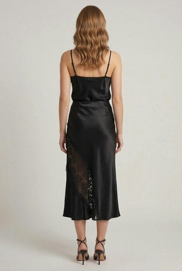 Izabel London Satin Texture Lace Detail Midi Skirt