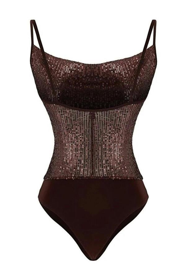 WOVCOR Sequin Knit Bodysuit with Cowl Neck Straps