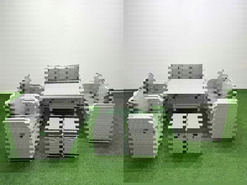 Fimous PE Rattan Garden Furniture Set Reclining Chair Sofa Double Love Seat 2 Seater Sofa Lounge Set Rectangular Dining Table 2 Stools Light Grey