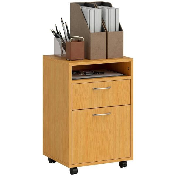 Natural wood mobile filing cabinet with drawer, open shelf, metal handles, four wheels