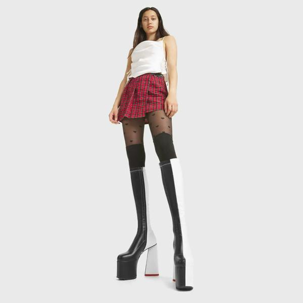 Lamoda Cruella Black & White PU Stretchy Platform Knee High Boots Fashion
