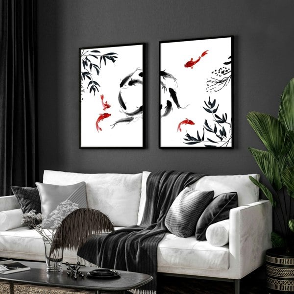 Framed prints for living room | set of 2 Koi wall art