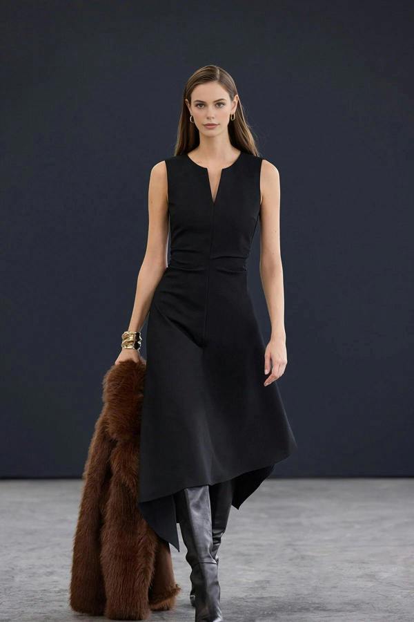 WOVCOR Asymmetrical V-Neck Midi Stretch Knit Dress