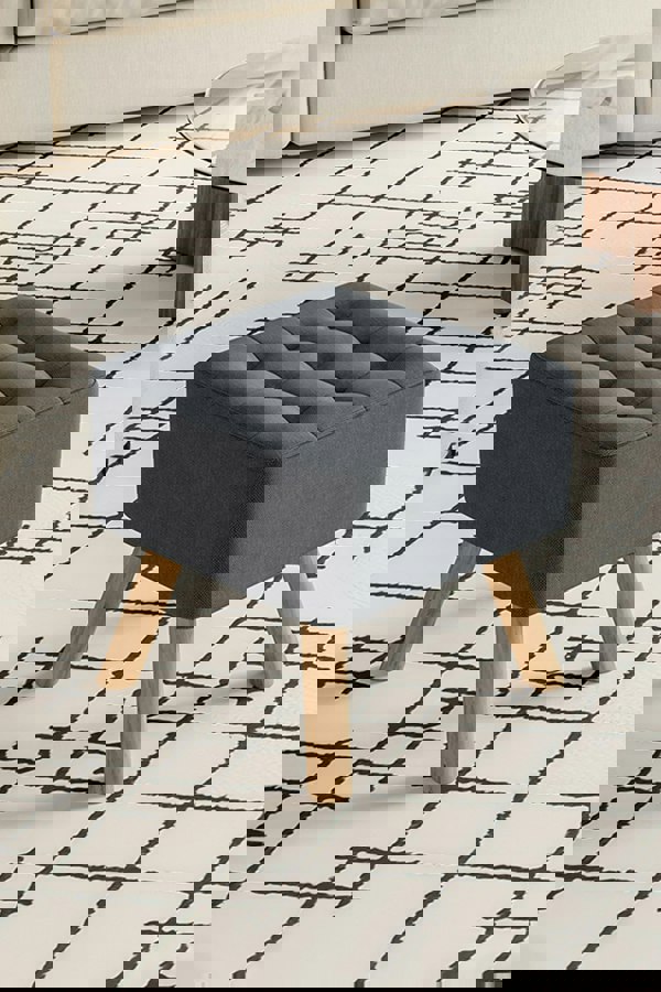 Living and Home Dark Grey Linen Padded Wooden Leg Square Footstool