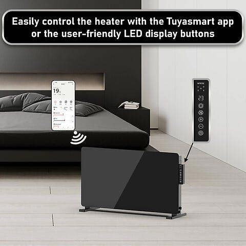 Mylek Radiator Glass Panel Heater in Black, Wifi Enabled Smart with APP 2000W