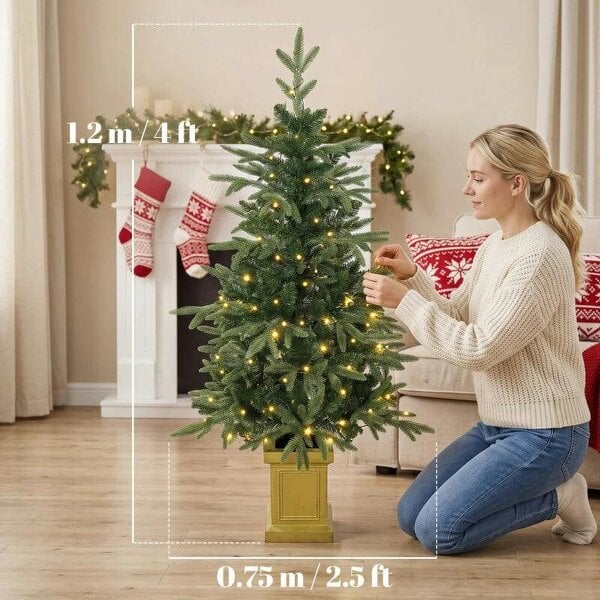Bobobiy Set of 2 Prelit Christmas Trees with Dual-Colour LEDs, Remote, 4ft Artificial Aspen Fir Battery-Operated, 11 Modes, Pot