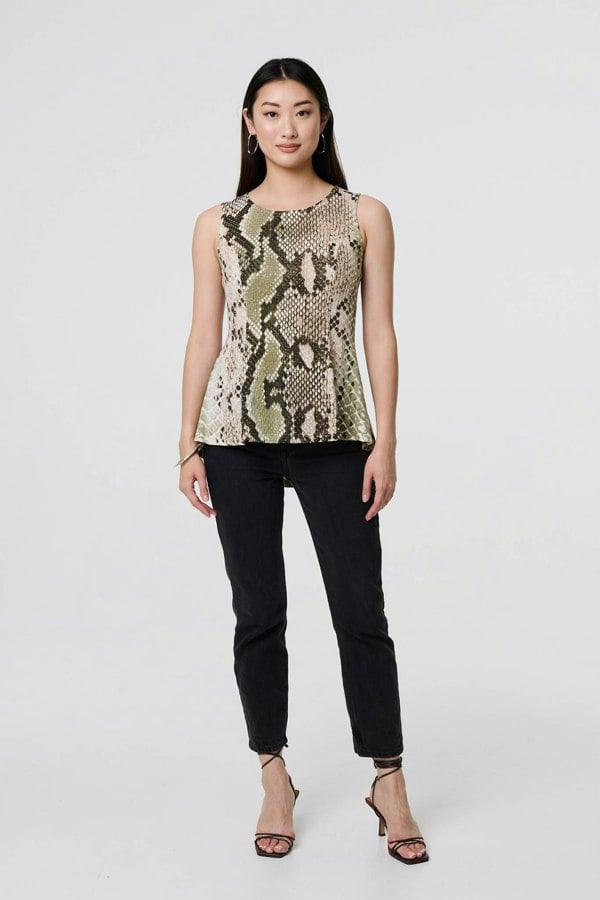 Green | Snake Print Sleeveless Curve Hem Top
