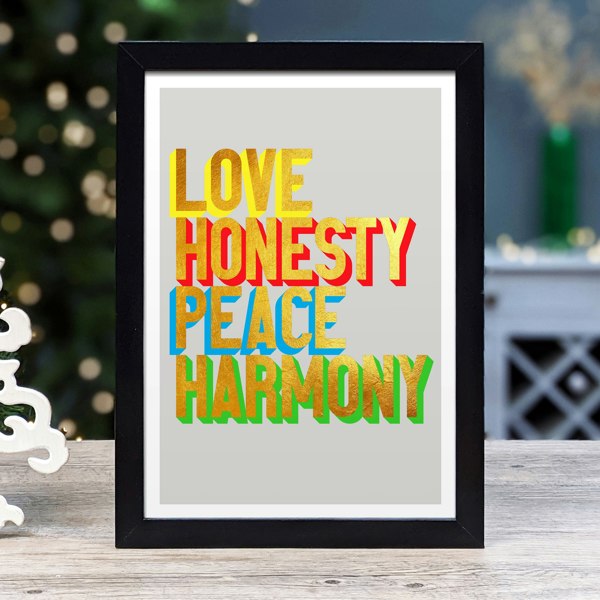 Hands & Hearts Love Honesty Peace Harmony golden words art print