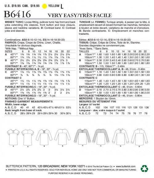 Butterick Sewing Pattern 6416, Tops, Tunics for Women, 6-8-10-12-14 - Easy