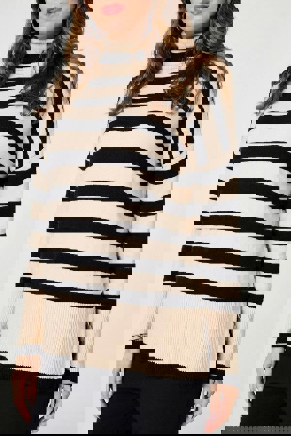 Beige | Striped Relaxed Roll Neck Jumper
