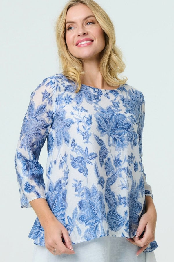 Blue | Floral 3/4 Sleeve Layered High Low Tunic

