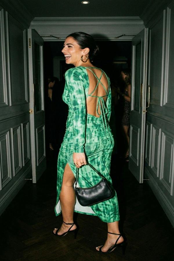Priscilla Printed Long Sleeve Cross-tied Back Midi Dress - Green