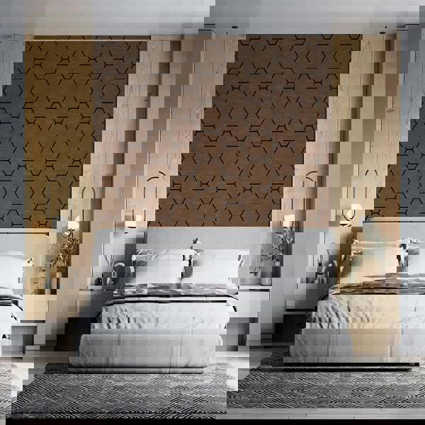 Modern bedroom with geometric headboard and minimal decor