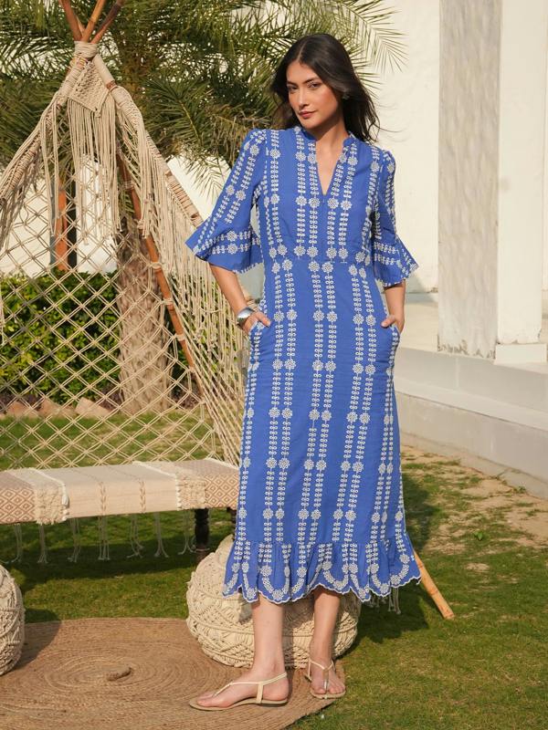 Rose & Nancy Cat Blue Cotton Broderie Midi Dress