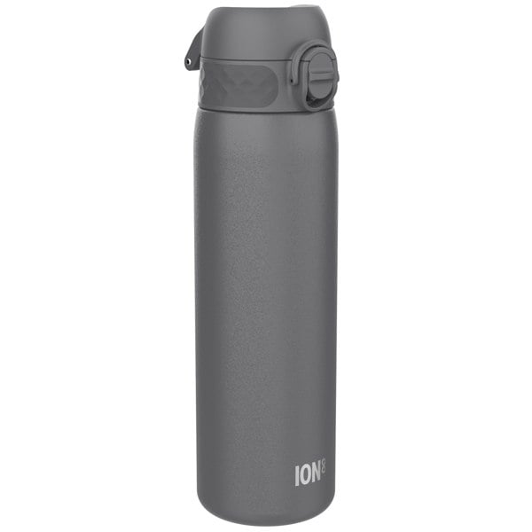 A dark gray water bottle stands upright against a white background. The bottle has a textured surface and a screw-on lid. The brand "ION8" is subtly printed near the bottom.