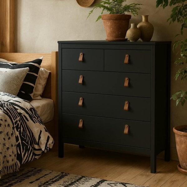 Wyld Haus Wildberry Matt Black Chest 5 Drawers Leather Handles