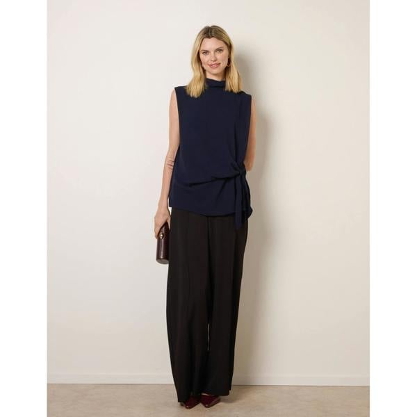 Blue Vanilla Sleeveless Cowl Tie Front Chiffon Blouse