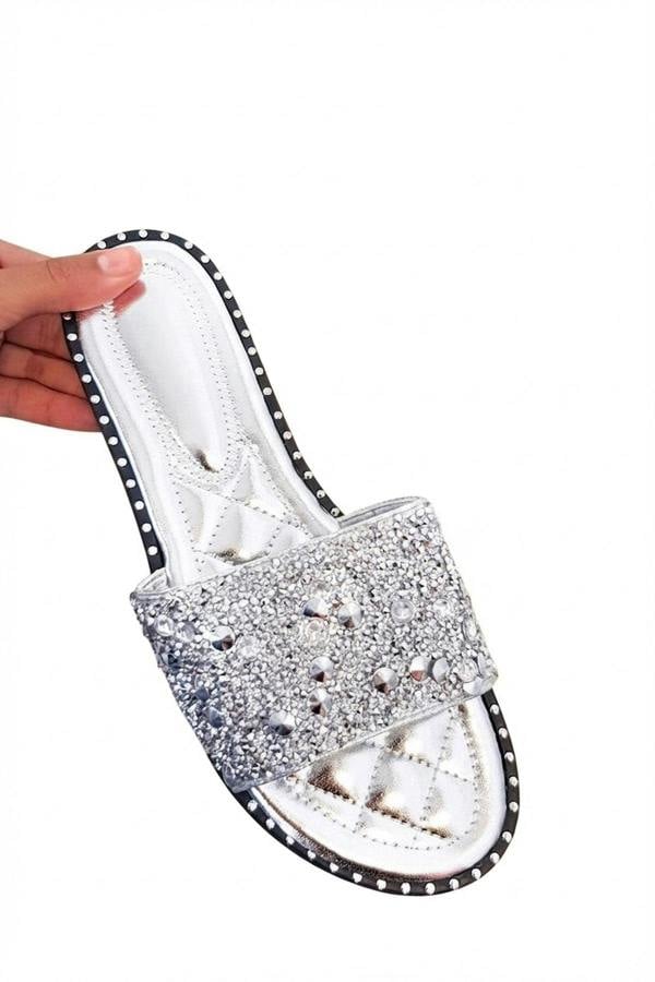 Sofie Embellished Slip On Sandals - Silver_wb