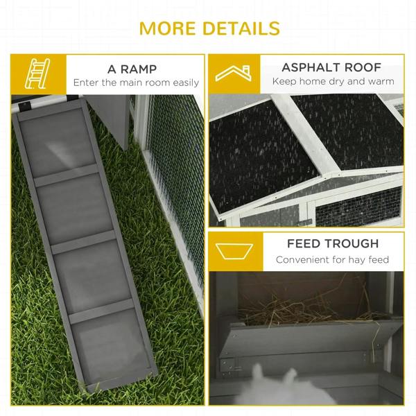 Grey rabbit hutch with access ramp, asphalt-style roof, and feed trough feature