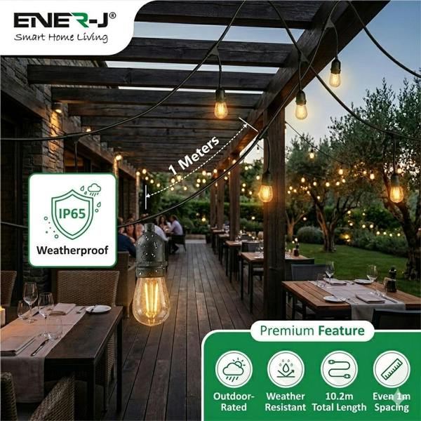 ENER-J LED String Lights 10.2m 2W S14 10Pcs LED Edison Filament Bulbs E27 Sockets Perfect for Party, Wedding, Anniversaries, Celebrations