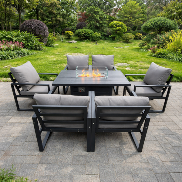 Fimous 6 Seater Aluminum Garden Furniture Set with Gas Fire Pit Dining Table and 6 Chairs - Dark Grey