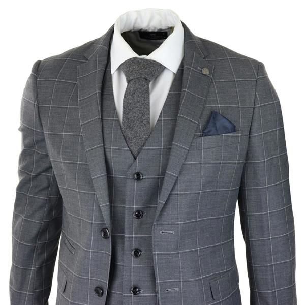 Paul Andrew Mens Grey Suit 3 Piece Check Vintage Retro Smart Wedding Classic Tailored Fit