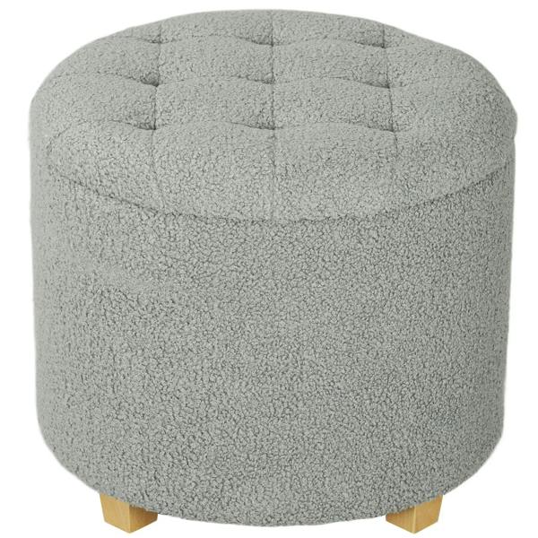 Grey round teddy fleece storage ottoman with tufted top and wooden feet