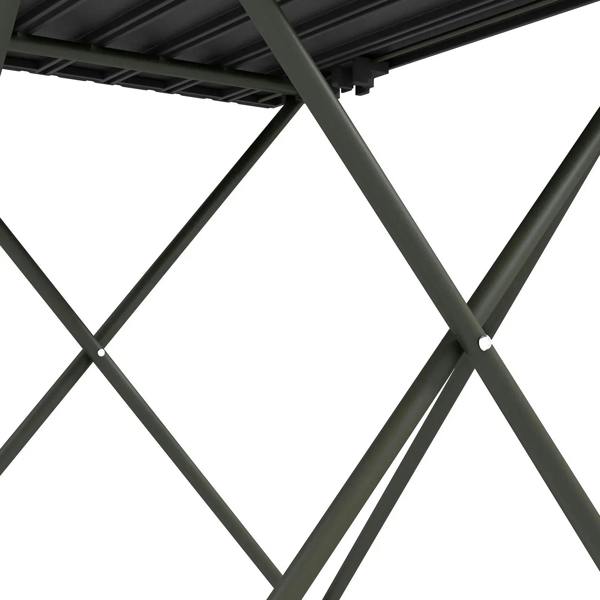 Close-up of folding camping table support frame with X-crossed metal bars