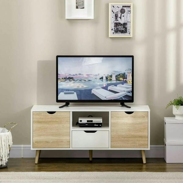 TV stand cabinet with two wood-effect doors and center drawer, natural finish.