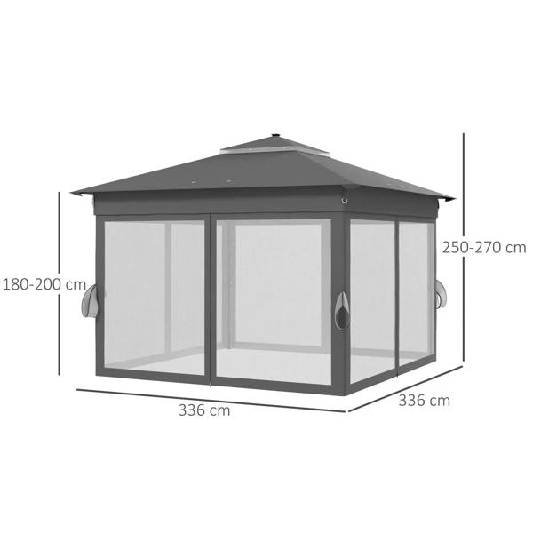 Grey 3x3.36m pop-up gazebo with adjustable height posts and clear side panels