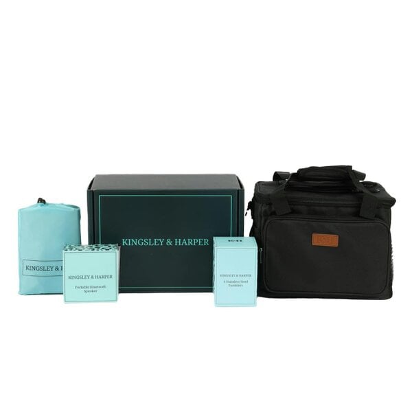 The Socialite Summer Gift Set - Kingsley & Harper Outdoor Essentials with Oversized Beach Mat, Wireless Speaker, Tumblers, Cool Bag & Gift Box