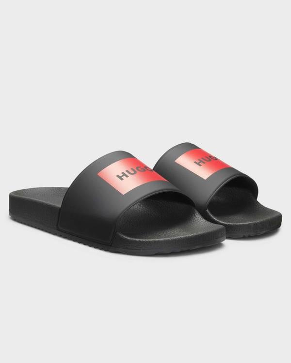 HUGO Mens Timein Mens Slides with Logo Strap - Black 001 | CHO | Designer Mens Sandals