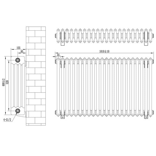Traditional black 4 column radiator, 600 x 1010mm, featuring a sleek design with vertical lines and a smooth finish, ideal for classic interiors