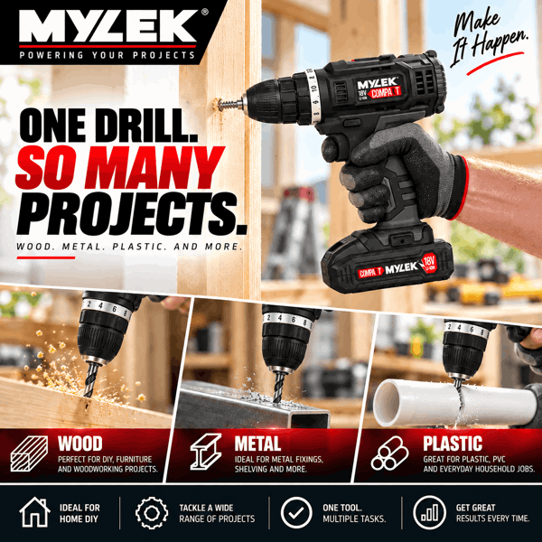 Mylek 18V Cordless Li-ion Drill And 13 Piece Accessory Set