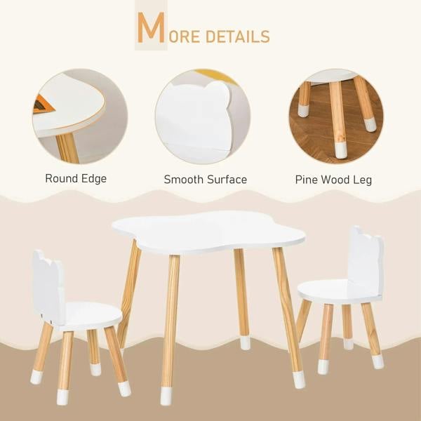 Kids table and bear chairs with smooth white surfaces and pine wood legs
