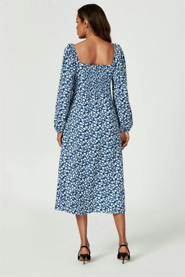 FS Collection Floral Print Long Sleeve Heart Neckline Midi Dress In Blue