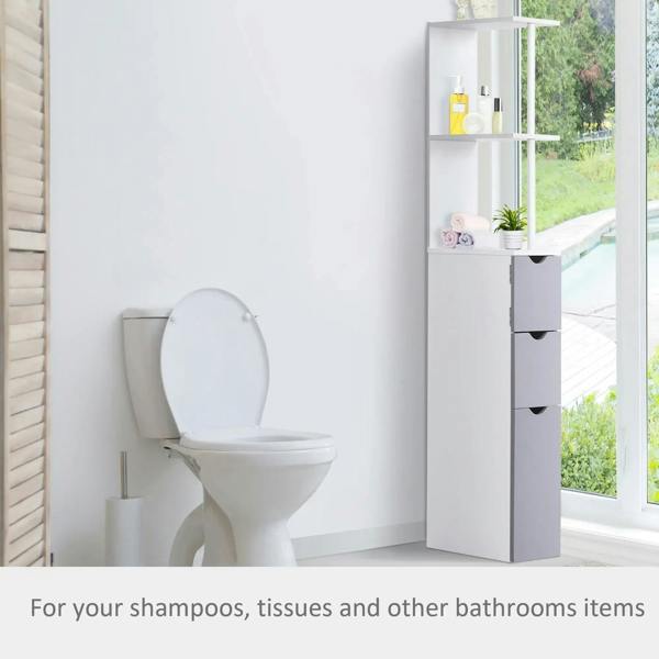 Freestanding bathroom cabinet with open shelves and gray bottom drawers, beside toilet