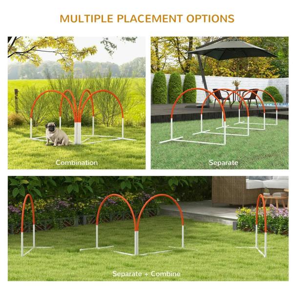 Outdoor dog agility hurdle and weave poles set, orange arches and white frame