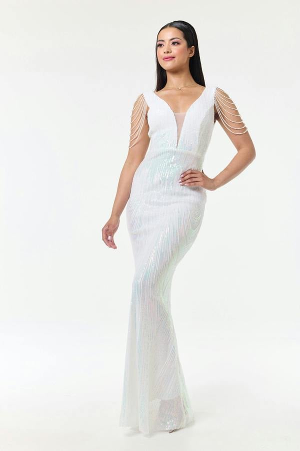 LuvForever Riona - White Jewelled Shoulder Sequin Maxi Dress