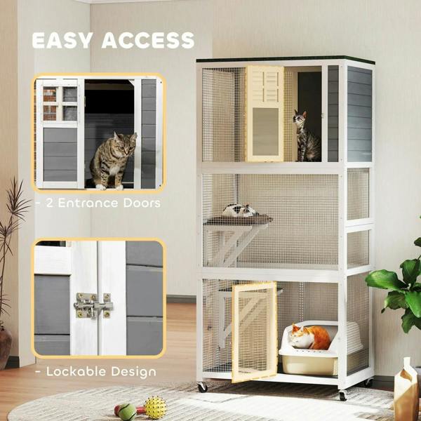 White cat enclosure with two entrance doors, lockable hardware, and interior wire compartments