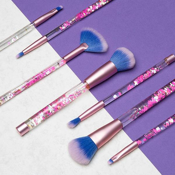 Aquarius Makeup Brush Set 7 Piece Pink Purple Liquid Glitter Handle Beauty Kit