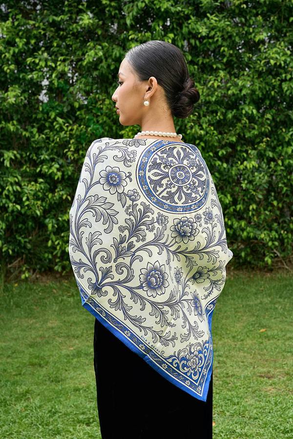 Blue Chinoiserie Birds Twill Silk Scarf – Printed Mulberry Silk, Hand-Rolled Hem