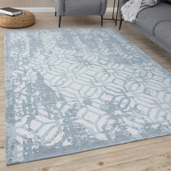 Machine Washable Flatweave Rug Geometric in Blue